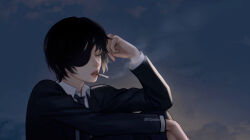 Rule 34 | 1girl, androgynous, black hair, black necktie, black suit, chainsaw man, cigarette, closed eyes, commentary, czy (2894456992), eyepatch, formal, highres, himeno (chainsaw man), necktie, short hair, sitting, smoke, smoking, solo, suit, twitter username