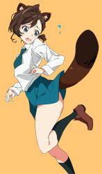 Rule 34 | 1girl, animal ears, aqua necktie, aqua skirt, black socks, blue eyes, blush, brown footwear, brown hair, commentary request, gegege no kitarou, hair ornament, hairclip, inuyama mana, kneehighs, loafers, long sleeves, looking to the side, necktie, open mouth, raccoon ears, raccoon tail, shirt, shoes, short hair, simple background, skirt, socks, solo, standing, standing on one leg, tail, umanosuke, wavy mouth, white shirt, yellow background