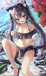 Rule 34 | 1girl, animal ears, bare shoulders, bikini, black bikini, blue archive, blush, breasts, cat ears, cat girl, cleavage, commentary, flower, hair between eyes, halo, highres, long hair, looking at viewer, medium breasts, navel, off-shoulder bikini, off shoulder, official alternate costume, one-piece swimsuit, open mouth, red eyes, red flower, red halo, serika (blue archive), serika (swimsuit) (blue archive), sitting on water, solo, suidou chaahan, swimsuit, very long hair
