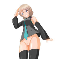 Rule 34 | 1girl, bad id, bad pixiv id, bare hips, bare shoulders, black thighhighs, blue eyes, blush, bottomless, breasts, chaser99, cleft of venus, cosplay, detached sleeves, from below, grey hair, grin, hatsune miku, hatsune miku (cosplay), highres, light brown hair, love live!, love live! sunshine!!, medium breasts, medium hair, necktie, pussy, simple background, smile, solo, thighhighs, watanabe you