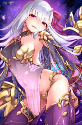 Rule 34 | 1girl, armlet, armor, bikini armor, blush, breasts, chiyosuke (nosuke21), covered navel, detached sleeves, dress, earrings, fate/grand order, fate (series), hair ribbon, highres, jewelry, kama (fate), kama (second ascension) (fate), long hair, looking at viewer, medium breasts, open mouth, parted lips, petals, pink ribbon, purple dress, purple legwear, purple sleeves, red eyes, ribbon, sandals, silver hair, smile, solo, thighlet, thighs, twitter username, vajra (macross), vajra (object)