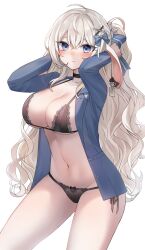 Rule 34 | 1girl, absurdres, ahoge, animal ears, arms up, artist request, black bra, black choker, black panties, blue eyes, blue jacket, blush, bow, bra, breasts, choker, cleavage, commission, cowboy shot, earrings, embarrassed, floppy ears, frown, hair bow, hair ornament, highres, jacket, jewelry, lace, lace-trimmed bra, lace trim, large breasts, lingerie, long hair, long sleeves, looking at viewer, navel, one side up, open clothes, open jacket, original, panties, rabbit ears, second-party source, side-tie panties, solo, spaghetti strap, stomach, string bra, string panties, thighs, underwear, very long hair, wavy hair, white hair, x hair ornament