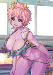 Rule 34 | 1girl, alternate breast size, artist name, ashido mina, bikini, bikini bottom only, bikini pull, black sclera, boku no hero academia, breasts, classroom, cleavage, clothes pull, collarbone, colored sclera, colored skin, covered erect nipples, crop top, day, desk, fingernails, fur trim, groin, hand on own thigh, horns, indoors, large breasts, leaning forward, looking at viewer, lowleg, lowleg bikini, midriff, navel, no pants, open clothes, open mouth, open vest, outstretched arm, paid reward available, pink hair, pulled by self, purple skin, redjet, school desk, seductive smile, short hair, smile, solo, stomach, swimsuit, teasing, vest, watermark, window, yellow eyes