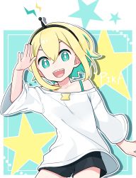 Rule 34 | 1girl, :d, amano pikamee, black hairband, black shorts, blonde hair, blue eyes, blue hair, bra strap, bright pupils, colored inner hair, hairband, hand up, highres, konogi nogi, long sleeves, looking at viewer, multicolored hair, open mouth, salute, sharp teeth, shirt, shorts, smile, solo, teeth, virtual youtuber, voms, white pupils, white shirt