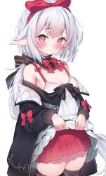 Rule 34 | 1girl, black coat, black thighhighs, blush, bow, breasts, camisole, cleavage, clothes lift, coat, cowboy shot, eip (pepai), grey hair, hair bow, hairband, highres, lifted by self, long hair, long sleeves, looking at viewer, low ponytail, off shoulder, original, pointy ears, red bow, red eyes, red skirt, sidelocks, simple background, skirt, small breasts, solo, thighhighs, white background, white camisole