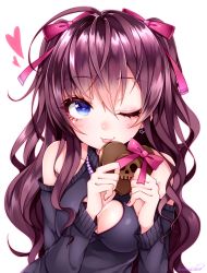Rule 34 | 1girl, ;3, ;p, ahoge, bare shoulders, blue eyes, blush, breasts, candy, chocolate, chocolate heart, cleavage, cleavage cutout, clothing cutout, detached sleeves, earrings, eyelashes, food, hair between eyes, hair ribbon, heart, heart-shaped pupils, highres, holding, holding food, ichinose shiki, idolmaster, idolmaster cinderella girls, jewelry, long hair, long sleeves, looking at viewer, medium breasts, nail polish, necklace, one eye closed, pearl necklace, pink nails, pink ribbon, purple hair, ribbon, sasakichi (ssk chi), simple background, skull, solo, symbol-shaped pupils, tongue, tongue out, twitter username, two side up, upper body, wavy hair, white background