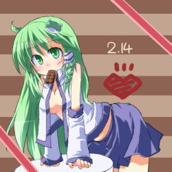 Rule 34 | 1girl, chocolate, detached sleeves, female focus, kochiya sanae, mouth hold, open clothes, open shirt, shirt, skirt, solo, touhou, valentine, yuuhi alpha