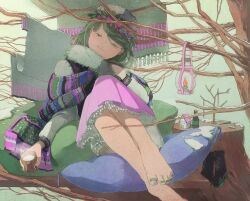 Rule 34 | 1girl, barefoot, black footwear, boots, unworn boots, cup, green background, green eyes, green nails, hair behind ear, highres, holding, holding cup, lantern, looking at viewer, nail polish, original, pillow, print scarf, scarf, smile, snow, solo, steam, tasoyamaro, toenail polish, toenails, tree