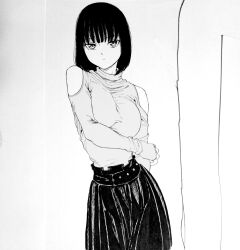 Rule 34 | 1girl, bad id, bad pixiv id, bare shoulders, black hair, black skirt, breasts, dende (dndn222), greyscale, highres, large breasts, looking at viewer, monochrome, original, scan, scan artifacts, short hair, skirt, solo, standing, traditional media