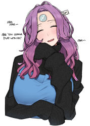 Rule 34 | 1girl, apron, blush, english text, long hair, looking at viewer, ohasi, original, pc (ohasi), purple hair, simple background, sleeves past wrists, solo, sweater, turtleneck, upper body, usb, white background