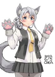 Rule 34 | 1girl, adapted costume, animal ears, animal hands, artist name, asymmetrical hair, black skirt, black vest, dated, flipped hair, gloves, grey eyes, grey hair, highres, kantai collection, long hair, long sleeves, looking at viewer, necktie, nowaki (kancolle), official alternate costume, one-hour drawing challenge, owa (ishtail), pantyhose, paw gloves, pleated skirt, school uniform, shirt, simple background, skirt, solo, swept bangs, tail, vest, white background, white pantyhose, white shirt, wolf ears, wolf tail, yellow necktie