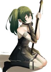 Rule 34 | 1girl, absurdres, armlet, bare shoulders, black choker, black dress, black footwear, black gloves, boots, breasts, choker, closed mouth, dress, gloves, green hair, half-closed eyes, hands up, highres, holding, holding polearm, holding weapon, knee boots, looking at viewer, medium breasts, polearm, purple eyes, ryoui69siki, shadow, side ponytail, single glove, sitting, smile, solo, sousou no frieren, thigh strap, ubel (sousou no frieren), weapon, white background, yokozuwari
