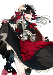 Rule 34 | 1girl, apron, bandaged leg, bandages, black dress, black hair, blush, cross, cross earrings, dress, earrings, fangs, frills, hair ornament, hair ribbon, holding, holding tray, jewelry, karei, long hair, maid, neck ribbon, open mouth, original, red apron, red eyes, red ribbon, revision, ribbon, sidelocks, simple background, skirt hold, solo, tray, twintails, white background