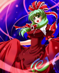 Rule 34 | 1girl, :d, blush, bow, breasts, clothes lift, covered erect nipples, dress, dress lift, female focus, frills, front ponytail, gradient background, green eyes, green hair, hair bow, hisame genta, kagiyama hina, large bow, long hair, matching hair/eyes, md5 mismatch, medium breasts, open mouth, smile, solo, touhou