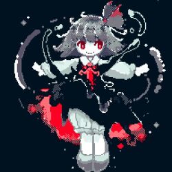 Rule 34 | 1girl, air bubble, antennae, ascot, black background, black vest, bubble, darkness, hair ribbon, lowres, mokumoku22, outstretched arms, pixel art, red ascot, red eyes, ribbon, rumia, short hair, skirt, skirt set, smile, solo, spread arms, touhou, underwear, vest