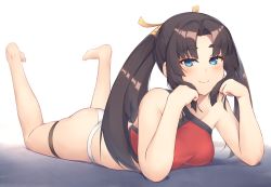 Rule 34 | 1girl, bikini, black hair, blue eyes, blush, breasts, fate/grand order, fate (series), legs up, long hair, looking at viewer, lying, medium breasts, on stomach, parted bangs, pinta (ayashii bochi), red bikini, sidelocks, smile, solo, swimsuit, thick eyebrows, ushiwakamaru (fate), ushiwakamaru (fate/grand order), ushiwakamaru (swimsuit assassin) (fate), ushiwakamaru (swimsuit assassin) (second ascension) (fate), white bikini