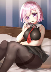 Rule 34 | 1girl, arlene (ju), bare arms, bare shoulders, bed, black-framed eyewear, black dress, black pantyhose, blush, breasts, closed mouth, collared dress, commentary request, dress, eyes visible through hair, eyewear in mouth, unworn eyewear, fate/grand order, fate (series), glasses, head tilt, highres, holding, holding removed eyewear, impossible clothes, impossible dress, indoors, large breasts, looking at viewer, mash kyrielight, mouth hold, on bed, pantyhose, pillow, pink hair, pleated dress, purple eyes, short hair, sitting, sleeveless, sleeveless dress, smile, solo, thighband pantyhose