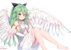 Rule 34 | 1girl, alternate costume, angel wings, armlet, artist name, baileys (tranquillity650), bare shoulders, black bow, bow, commentary request, criss-cross halter, dress, green eyes, green hair, hair between eyes, hair bow, hair ornament, hairclip, halterneck, highres, kantai collection, knees up, long hair, looking at viewer, parted bangs, signature, simple background, sitting, solo, white background, white dress, wings, yamakaze (kancolle)