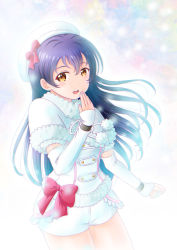 Rule 34 | 10s, 1girl, blue hair, blush, cowboy shot, detached sleeves, fur trim, hair between eyes, hand up, hat, highres, long hair, looking at viewer, love live!, love live! school idol project, naato (naht), open mouth, ribbon, shorts, simple background, smile, snow halation, solo, sonoda umi, standing, yellow eyes