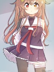Rule 34 | 1girl, asymmetrical clothes, bandages, black serafuku, black skirt, brown eyes, commentary request, heterochromia, kantai collection, light brown hair, long hair, looking at viewer, murasame (kancolle), murasame kai ni (kancolle), neckerchief, pleated skirt, red eyes, red neckerchief, ren kun, sailor collar, school uniform, serafuku, skirt, solo, standing, twintails, twitter username, two side up, white sailor collar