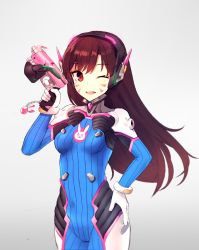 Rule 34 | 1girl, ;d, animal print, armor, bodysuit, breasts, brown eyes, brown hair, chamnaitu, covered navel, cowboy shot, d.va (overwatch), facepaint, facial mark, gloves, gradient background, gun, hand on own hip, hand up, handgun, headphones, high collar, highres, holding, holding gun, holding weapon, long hair, looking at viewer, medium breasts, one eye closed, open mouth, overwatch, overwatch 1, pauldrons, pilot suit, rabbit print, shoulder armor, shoulder pads, smile, solo, turtleneck, weapon, whisker markings, white gloves