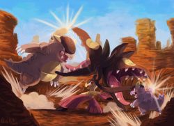 Rule 34 | 2015, angry, blue sky, commentary, creature, creatures (company), cuteskitty, day, english commentary, eye contact, fighting, game freak, gen 1 pokemon, gen 3 pokemon, jumping, kangaskhan, looking at another, looking away, looking back, mawile, mega kangaskhan, mega mawile, mega pokemon, nintendo, no humans, open mouth, outdoors, pokemon, pokemon (creature), red eyes, rock, sharp teeth, signature, sky, standing, teeth