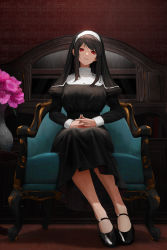 Rule 34 | 1girl, absurdres, black hair, chair, cool4noodle, flower, full body, high heels, highres, indoors, long hair, looking at viewer, looking down, mary janes, nun, original, own hands together, parted lips, red eyes, shadow, shoes, sitting, solo, strap shoes, vase