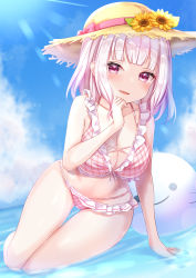 Rule 34 | 1girl, bare arms, bikini, blue sky, blush, breasts, cleavage, cloud, collarbone, commentary request, day, flower, frilled bikini, frills, hand up, hat, hat flower, hat ribbon, highres, large breasts, long hair, looking at viewer, nijisanji, outdoors, pink bikini, pink hair, pink ribbon, plaid, plaid bikini, purple eyes, ribbon, shiina yuika, shiina yuika (6th costume), sky, smile, solo, stomach, straw hat, sun hat, sunflower, swimsuit, thigh gap, virtual youtuber, yellow flower, yuano