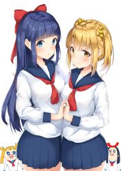 Rule 34 | 10s, 2girls, blonde hair, blue eyes, blue hair, blue skirt, bobunemimimmi, bow, breasts, closed mouth, commentary request, hair bow, hair ornament, hair scrunchie, holding hands, long hair, looking at viewer, medium breasts, multiple girls, neckerchief, pipimi, poptepipic, popuko, red bow, red neckerchief, scrunchie, shiero., shirt, short hair, sidelocks, skirt, smile, standing, two side up, white shirt, yellow eyes