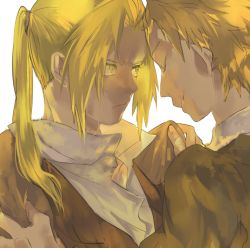 Rule 34 | 2boys, alphonse heiderich, blonde hair, blouse, conqueror of shambala, edward elric, closed eyes, face-to-face, forehead-to-forehead, frown, fullmetal alchemist, hands on shoulders, heads together, long hair, momomosae, multiple boys, aged up, ponytail, serious, shirt, short hair, smile, yellow eyes