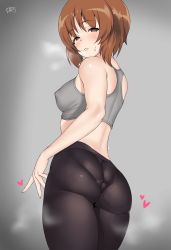 Rule 34 | 1girl, ass, bare shoulders, black pantyhose, blush, brown eyes, brown hair, daroon5, fingernails, from behind, girls und panzer, gradient background, grey background, half-closed eyes, heart, heart-shaped pupils, highres, lips, long fingernails, looking at viewer, looking back, nishizumi miho, pantyhose, parted lips, shiny skin, short hair, solo, sports bra, steam, sweat, symbol-shaped pupils, thighs, underwear, underwear only