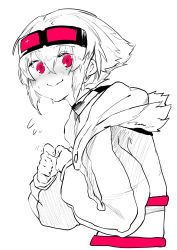 Rule 34 | 1girl, absurdres, blush, choker, closed mouth, fidgeting, goggles, goggles on head, hair between eyes, highres, jacket, long sleeves, looking at viewer, monochrome, niwamaru (niwarhythm), niwarhythm, open clothes, open jacket, original, pink eyes, pink theme, red theme, short hair, simple background, smile, solo, upper body, white background