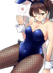 Rule 34 | 1girl, anger vein, animal ears, blue leotard, breasts, brown eyes, brown hair, brown pantyhose, cleavage, commentary request, covered navel, cowboy shot, detached collar, fake animal ears, fishnet pantyhose, fishnets, kaga (kancolle), kantai collection, leotard, long hair, looking at viewer, medium breasts, one eye closed, pantyhose, playboy bunny, rabbit ears, side ponytail, simple background, solo, spoken anger vein, strapless, strapless leotard, u yuz xx, white background, wrist cuffs