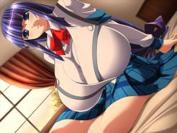 Rule 34 | 1girl, bed, blue eyes, blue hair, breasts, fuutou shizune, gigantic breasts, hime cut, long hair, oshioki sweetie, solo