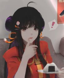 Rule 34 | !, 1girl, absurdres, ahoge, aoi ogata, bell, black hair, closed mouth, commission, food, hair ornament, hairclip, highres, holding, holding plate, houraisan kaguya, lips, long hair, looking at viewer, onigiri, plate, red eyes, solo, spoken exclamation mark, touhou