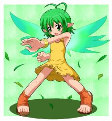 Rule 34 | 1girl, antenna hair, blush, blush stickers, bracelet, capcom, dress, fairy, fairy bloom freesia, fairy wings, fighting stance, freesia, green background, green eyes, green hair, jewelry, leaf, matching hair/eyes, pointy ears, sandals, senyou6060, shadow, short hair, sleeveless, solo, sundress, toes, wings, wristband, yellow dress