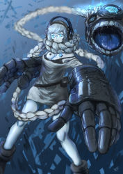 Rule 34 | 10s, 1girl, abyssal ship, bare shoulders, blue eyes, boots, braid, breasts, cleavage, gauntlets, glasses, glowing, glowing eyes, headphones, highres, kantai collection, large breasts, long hair, pale skin, power fist, solo, supply depot princess, tsutsushia, very long hair, white hair