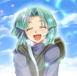 Rule 34 | 1990s (style), 1boy, ^ ^, bishounen, blue background, closed eyes, emilio michaelov, closed eyes, green hair, happy, male focus, psychic force, retro artstyle, shieo, shirt, smile, solo, taito