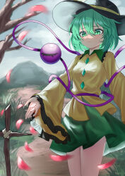 1girl ailu_elf bare_tree breasts buttons closed_mouth collared_shirt commentary_request cowboy_shot cross diamond_button fedora frilled_sleeves frills green_eyes green_hair green_skirt hat hat_ribbon highres komeiji_koishi long_sleeves miniskirt petals ribbon shirt skirt small_breasts third_eye touhou tree wide_sleeves yellow_ribbon yellow_shirt