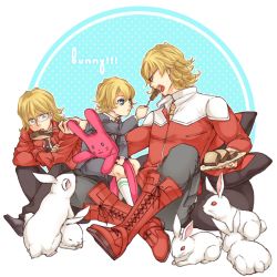 Rule 34 | 10s, 3boys, aged down, bad id, bad pixiv id, barnaby brooks jr., blonde hair, blue eyes, boots, cake, child, eating, feeding, food, fork, glasses, hitachi, jacket, jewelry, kneehighs, male focus, multiple boys, necklace, necktie, plate, rabbit, red eyes, red jacket, short hair, shorts, sitting, socks, stuffed animal, stuffed rabbit, stuffed toy, tiger &amp; bunny, time paradox, too many, too many rabbits