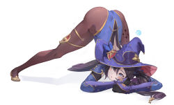 Rule 34 | 1girl, artist request, ass, ass focus, black hair, blue leotard, blush, bodysuit, cape, detached sleeves, elbow gloves, flexible, genshin impact, gloves, hair ornament, hair ribbon, hat, highleg, highleg leotard, highres, huge ass, jack-o&#039; challenge, leotard, long hair, looking back, meme, mona (genshin impact), ne.corn, pantyhose, ribbon, shiny clothes, simple background, solo, spread legs, thighlet, top-down bottom-up, twintails, very long hair, white background, witch hat