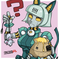 Rule 34 | 1girl, ?, absurdres, android, belt pouch, collar, fan, hamu agaki, highres, holding, honey, honey pot, i/o, mouse (animal), mouse (computer), pink background, pot, pouch, pun, robo-fortune, robot, skullgirls, solo, upper body, usb, yellow eyes
