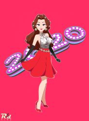 Rule 34 | 1girl, 2020, absurdres, blue eyes, breasts, brown hair, disco, disco ball, donkey kong (series), dress, earrings, eyeshadow, full body, gloves, grin, happy new year, high heels, highres, jewelry, legs, lipstick, long hair, looking at viewer, makeup, mario (series), mario kart, mario kart tour, new year, nintendo, pauline (mario), r3dfive, red dress, smile, solo, standing