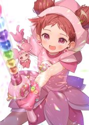 Rule 34 | blonde hair, blue eyes, blue hair, blush, boots, bow, brown hair, dodo (ojamajo doremi), double bun, dress, earrings, fortissimo, glasses, gloves, hair bun, hair ornament, harukaze doremi, hat, highres, jewelry, long hair, magical girl, multiple girls, musical note, musical note hair ornament, ojamajo doremi, one eye closed, open mouth, pink dress, pink eyes, pink footwear, pink gloves, pink hair, pink headwear, purple eyes, purple hair, red hair, ryota (ry o ta), short hair, skirt, smile, twintails, witch hat