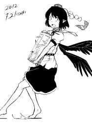 Rule 34 | 1girl, annoyed, barefoot, carrying, dated, feathered wings, flying paper, greyscale, hat, kawashina (momen silicon), looking away, looking back, monochrome, open mouth, paper, pointy ears, pom pom (clothes), shameimaru aya, short hair, simple background, skirt, solo, tokin hat, touhou, white background, wings