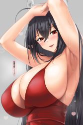 Rule 34 | 1girl, ahoge, alcohol, armpits, arms behind head, arms up, azur lane, bare shoulders, black hair, blush, breasts, champagne, champagne flute, check translation, cleavage, cocktail dress, cup, dress, drinking glass, gachou, grey background, hair between eyes, heart, huge breasts, long hair, looking at viewer, open mouth, red dress, red eyes, sideboob, simple background, smile, solo, taihou (azur lane), taihou (forbidden feast) (azur lane), translation request, very long hair