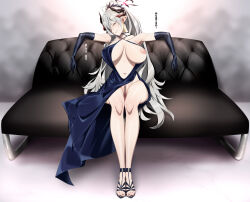 Rule 34 | 1girl, black footwear, black gloves, black nails, blue archive, blue dress, blue eyes, blush, breasts, censored, coach, dress, elbow gloves, gloves, grey hair, hair over one eye, halo, high heels, highres, horns, large breasts, long hair, looking at viewer, makoto (blue archive), makoto (dress) (blue archive), nail polish, navel, nipples, no panties, paid reward available, pointy ears, pussy, shoujo donburi, sitting, solo, toenail polish, toenails, variant set