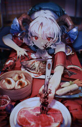 Rule 34 | 1girl, absurdres, ascot, blood, blood on face, blood on hands, blue dress, commentary request, dress, dumpling, fish, fish bone, food, foreshortening, fork, fruit, full body, glass, highres, holding, holding fork, horizontal pupils, horn ornament, horn ribbon, horns, leaning forward, looking at viewer, medium hair, open mouth, plate, pointy ears, pomegranate, red eyes, red nails, red sleeves, ribbon, ruoruomi, sheep horns, solo, steak, table, touhou, toutetsu yuuma, utensil, white ascot, white hair