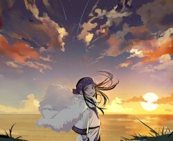 Rule 34 | 1girl, asirpa, black hair, blue eyes, cloak, cloud, commentary request, crying, floating clothes, floating hair, golden kamuy, grass, headband, highres, long hair, looking back, no2 gk, ocean, purple headband, shooting star, solo, sun, sunset, tears, upper body, white cloak