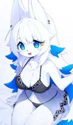 Rule 34 | 1girl, :3, absurdres, ahoge, android, animal ears, animal nose, arm at side, babydoll, bare shoulders, bed sheet, black bra, black panties, blue eyes, blue hair, body fur, bra, breasts, bright pupils, colored tips, cowboy shot, dev voxy, earrings, female focus, fox ears, fox girl, fox tail, furry, furry female, hair flaps, hair ornament, hairclip, hand up, happy, highres, jewelry, joints, lace, lace-trimmed bra, lace trim, lingerie, long hair, looking at viewer, multicolored hair, multiple earrings, navel, open mouth, original, panties, robot joints, see-through, sidelocks, simple background, sitting, smile, solo, stomach, string panties, tail, thick thighs, thighs, two-tone hair, underwear, underwear only, white background, white fur, white hair, white pupils, wide hips